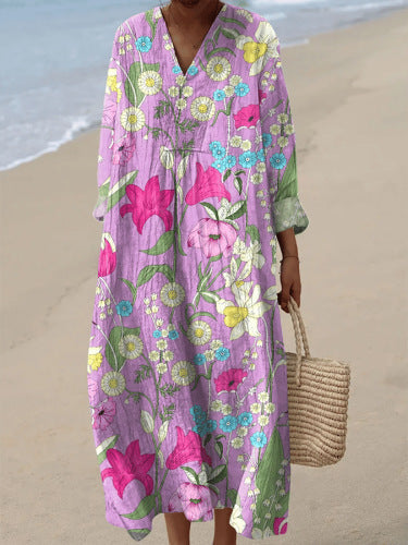2025 Cross-Border Independent Station Amazon Long Sleeve Shirt Dress Women's Casual Floral 3D Printed Sleeve Long Skirt