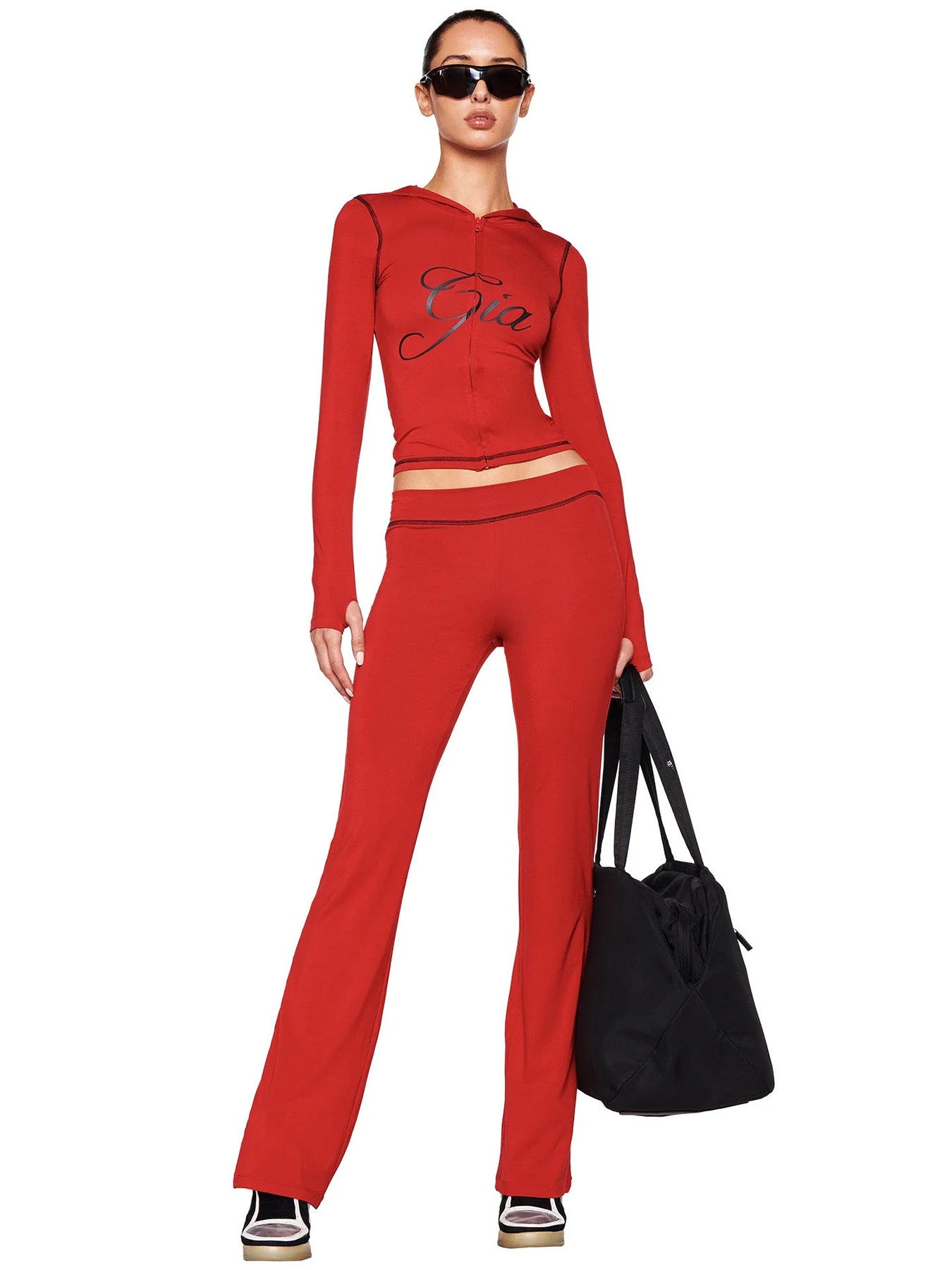 Hr25071 European and American Fashion Women's Cross-Border Supply Printed Hooded Long-Sleeved Thumb Buckle Micro-Flared Two-Piece Suit