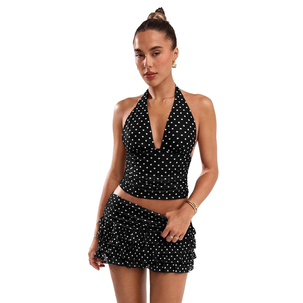 D9794 Amazon European and American Hot-Selling Women's Clothing Sexy Polka Dot Print Halterneck Vest and Ear-Hemmed Skirt Suit