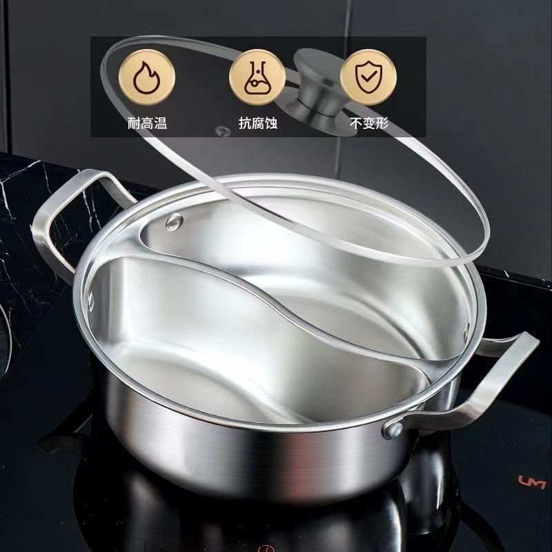 Thickened Stainless Steel One-Piece Dual-Handle Hot Pot with Compartments for Commercial Use, Suitable for Home Use and Induction Cookers