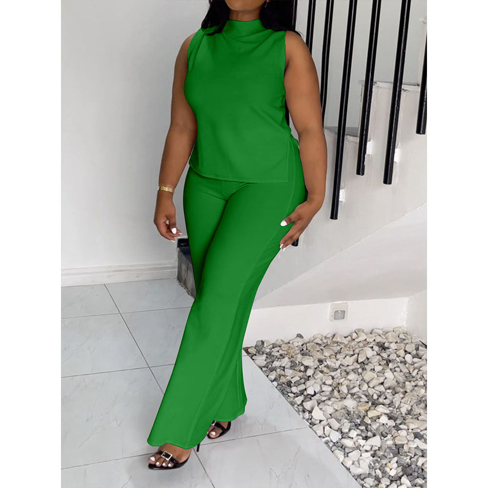 Solid Color Casual Sleeveless Trousers Suit