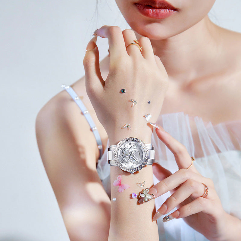 Butterfly Diamond-encrusted Luxury Women's Watch With Calendar And Steel Strap