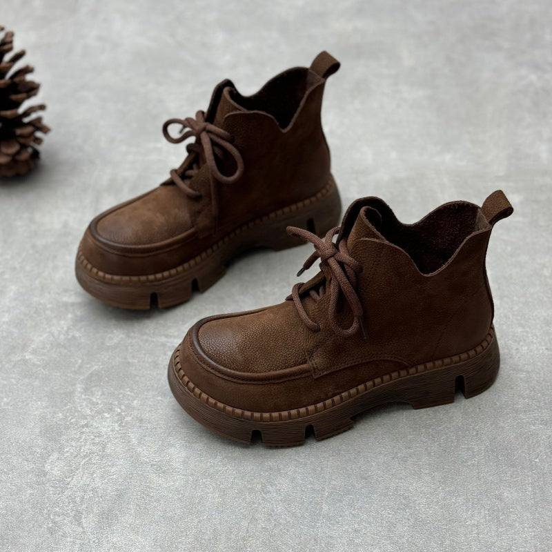 Platform Round Toe Lace-up Casual Cowhide Women's Boots