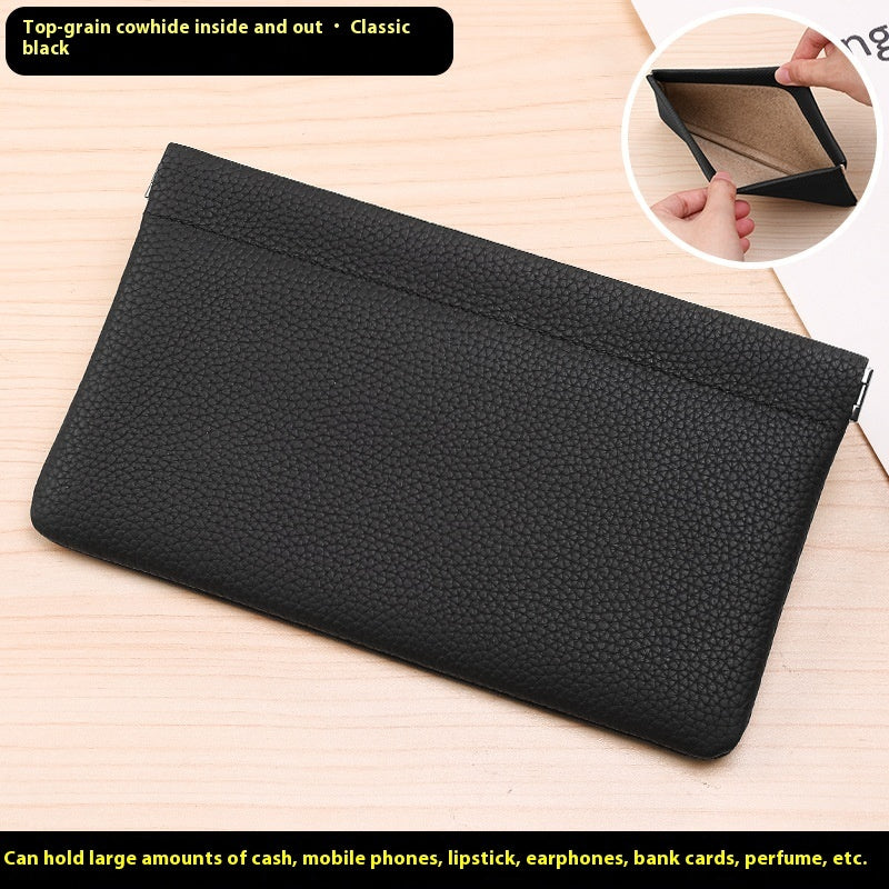 Self-closing First Layer Cowhide Long Wallet