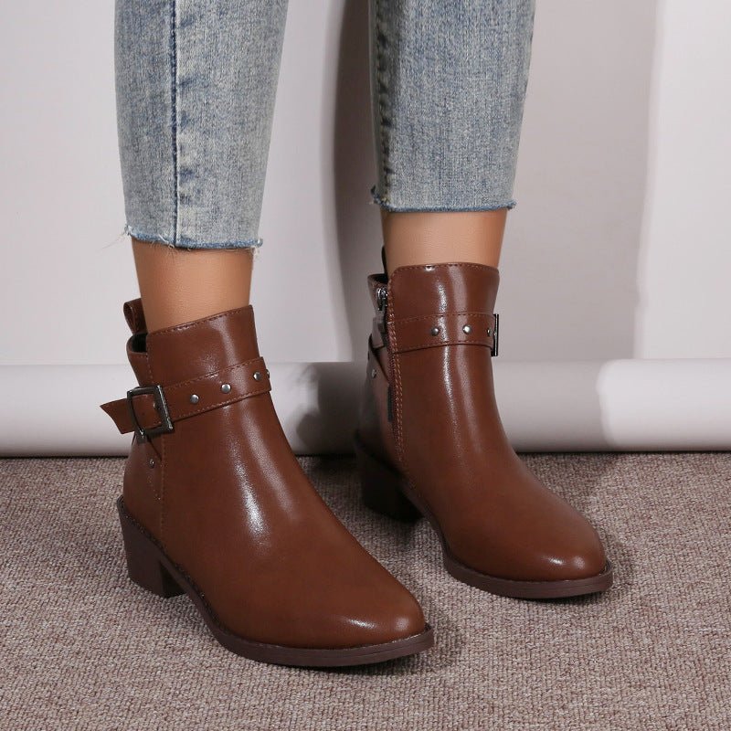 Retro Chunky Heel Studded Buckle Pointed Toe Martin Boots