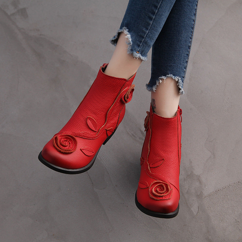 Chunky heel genuine leather ethnic style mid-heel Martin boots, handmade