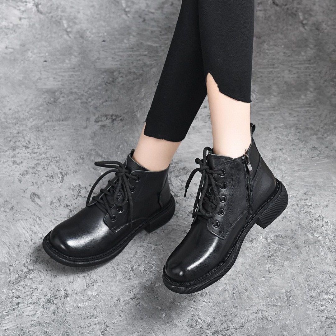 Real Soft Leather Platform Martin Boots Women's Autumn And Winter New Non-slip Western Style Slip-on Casual