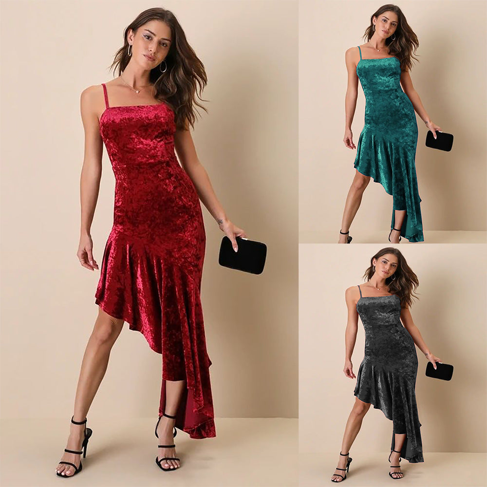 New Pleuche Spaghetti-strap Dress Sexy Patchwork Ruffles