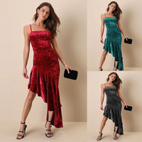 New Pleuche Spaghetti-strap Dress Sexy Patchwork Ruffles