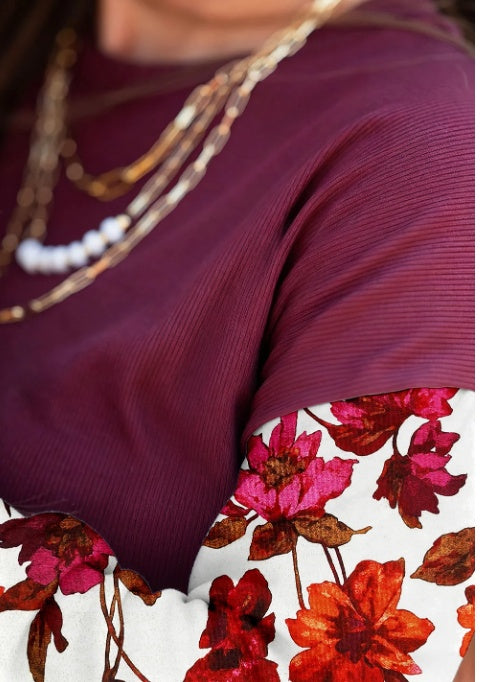 Wild Ginger Contrast Floral Sleeve Solid Ribbed Body Patchwork Long Sleeve Top