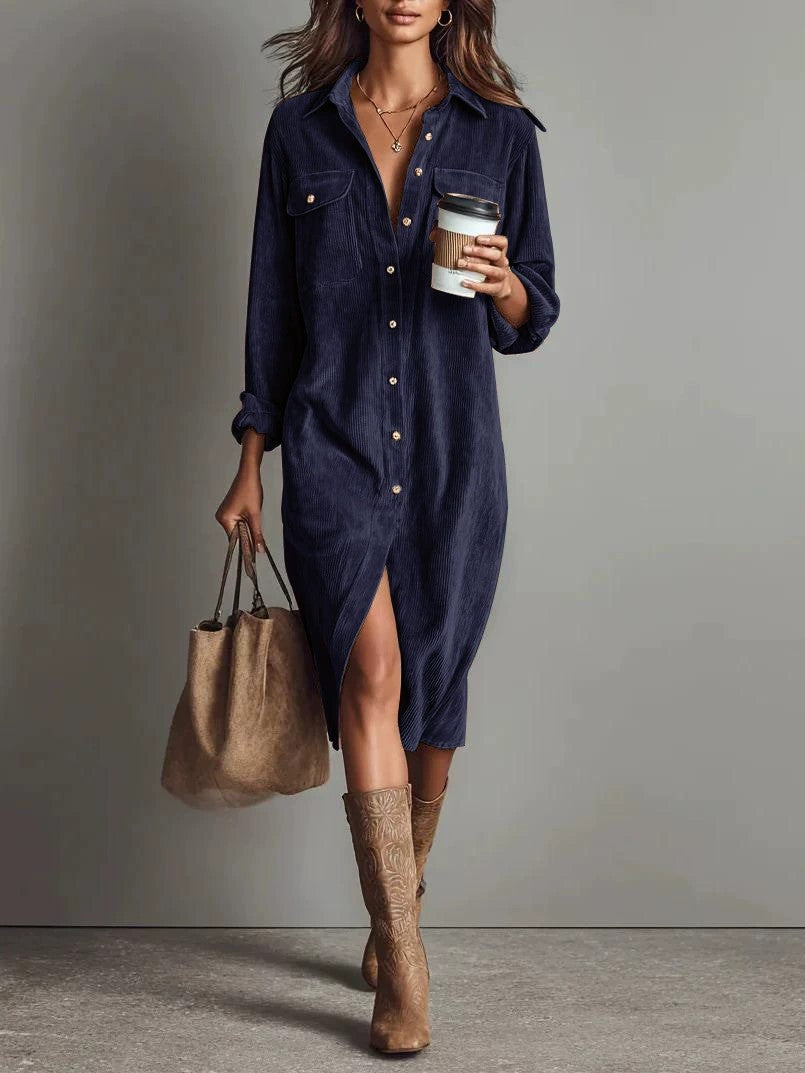 Turn-Down Collar Buttons Chic Casual Dress, Women Spring Autumn Solid Simple Party Dress, Long Sleeve Holiday Ladies Dress
