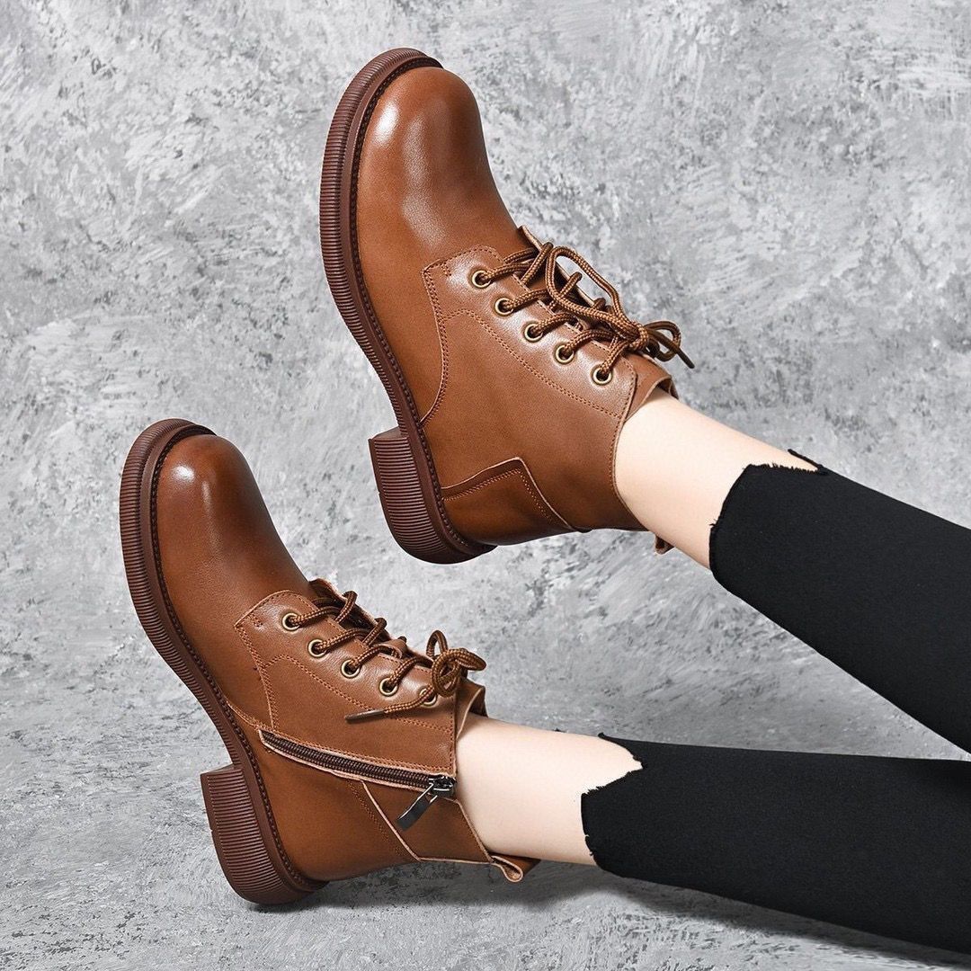 Real Soft Leather Platform Martin Boots Women's Autumn And Winter New Non-slip Western Style Slip-on Casual