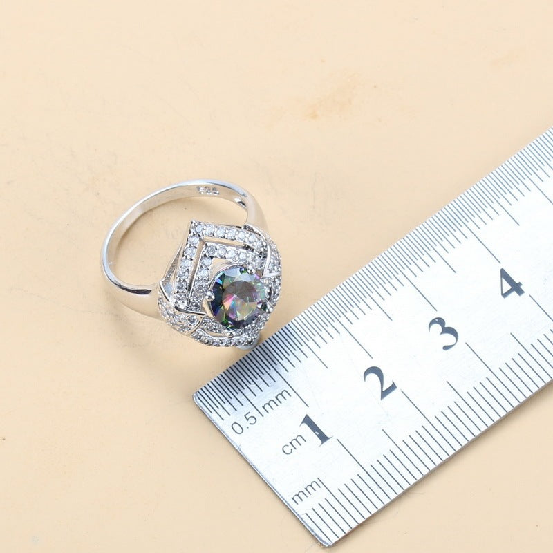 Inlaid Gemstone Pendant Earrings Necklace And Ring For Women 4 PCs Set