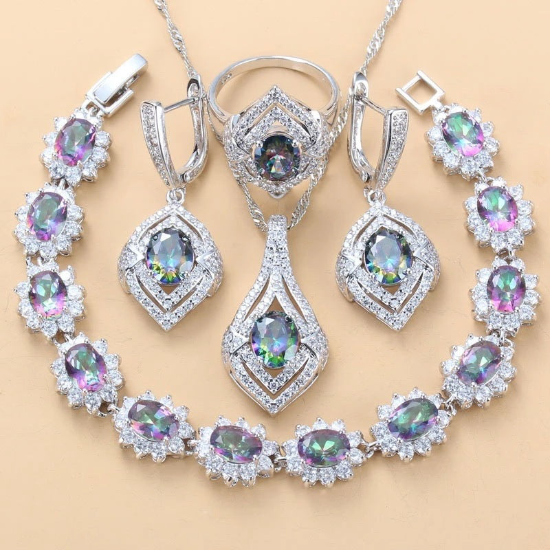 Inlaid Gemstone Pendant Earrings Necklace And Ring For Women 4 PCs Set