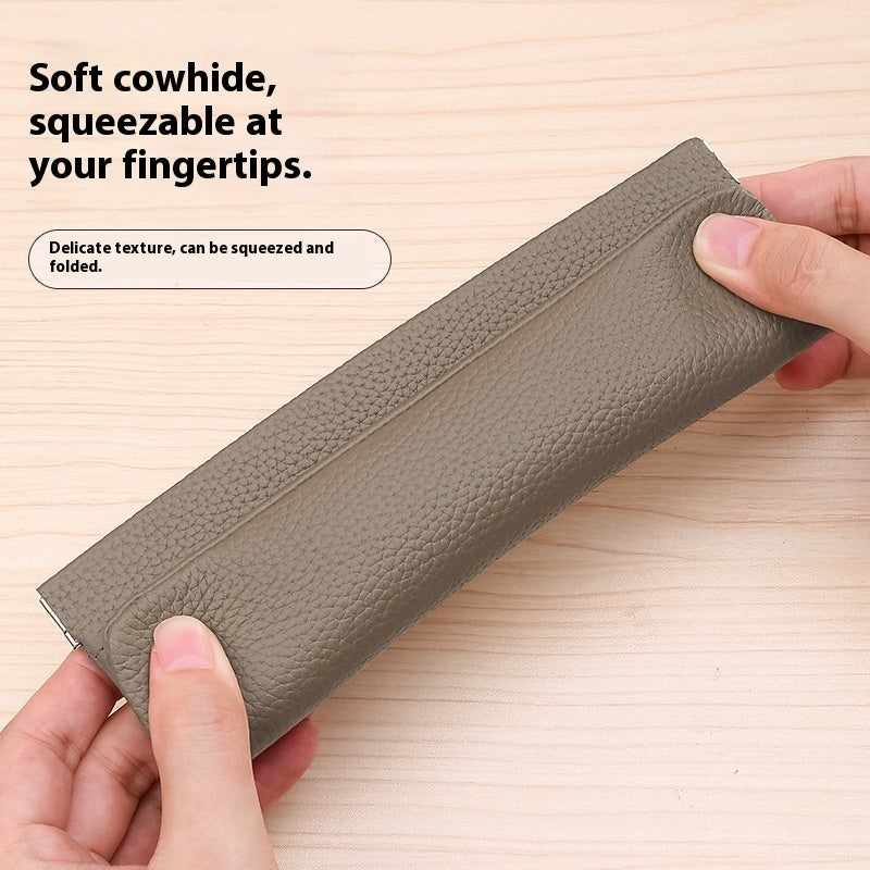 Self-closing First Layer Cowhide Long Wallet