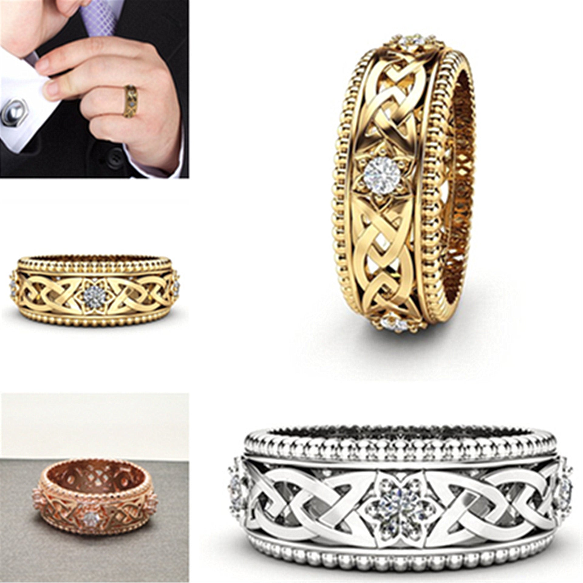 14k Plated White Diamond Ring Hollow Pattern Wedding Ring